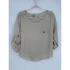 AHA Women Beige Satin Roll Tab Sleeve Blouse Scoop Neck Pocket Top Brazil Sz 40